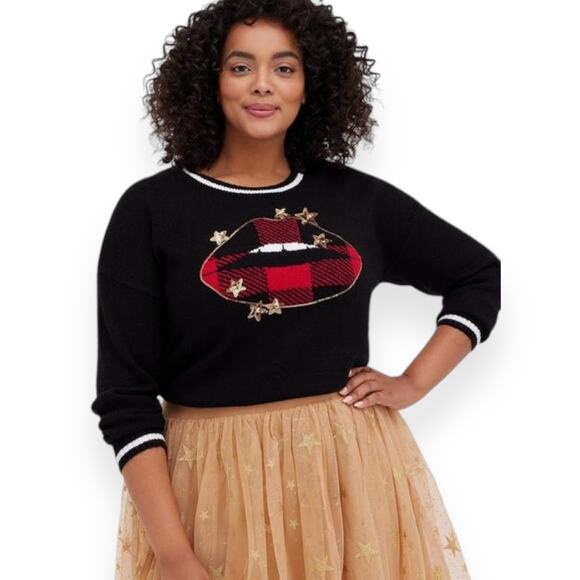 TORRID Oversized Festive Sparkle Holidays Sweater Gold Stars Sequins Lips Black - Picture 10 of 10